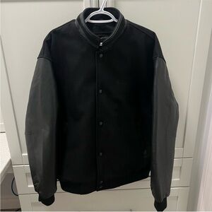 Wool Blend and Genuine Leather Black Bomber Jacket Men’s Large
